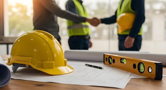 Casco de seguridad amarillo en el escritorio del lugar de trabajo con un equipo de trabajadores de la construcci&oacute;n d&aacute;ndose la mano para saludar el plan de inicio del nuevo contrato del proyecto en el 