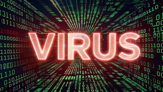 Bright red neon VIRUS text set in a tunnel of green binary code