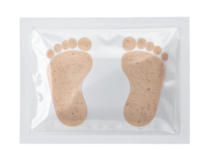 A sealed package containing two foot-shaped adhesive patches.