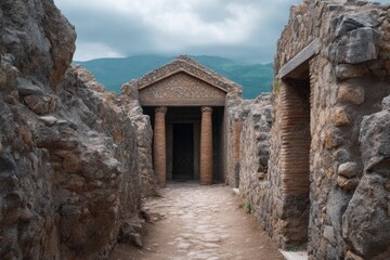 Fototapeta premium Ancient Roman Temple Ruins: Stone Pathway, Somber Atmosphere