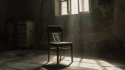 Empty wooden chair with vintage picture placed on seat in quiet room, conveying solitude, nostalgia and emotional memories of missing someone special.