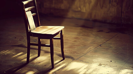 Empty wooden chair with vintage picture placed on seat in quiet room, conveying solitude, nostalgia and emotional memories of missing someone special.
