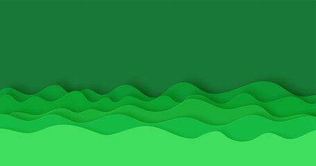 Abstract green background in paper cut style. 3d layout wallpaper cut out from cardboard. Modern template with abstract curve shapes. Vector environmental card with papercut waves for business poster