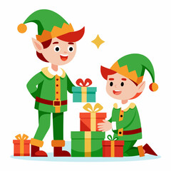 Elves Wrapping Gifts – Vector on White Background