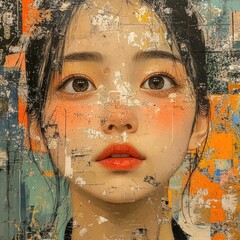 A young woman's portrait, layered with abstract elements