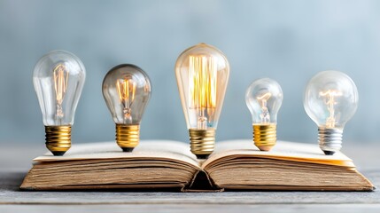 bulbs of varying sizes floating above an open book, emitting soft warm light