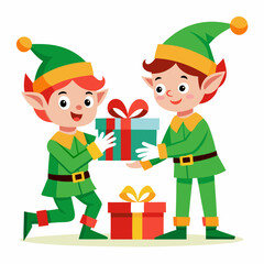 Elves Wrapping Gifts – Vector on White Background