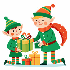 Elves Wrapping Gifts – Vector on White Background