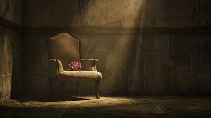 Empty wooden chair with vintage picture placed on seat in quiet room, conveying solitude, nostalgia and emotional memories of missing someone special.