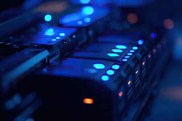 Close-up of server rack units with glowing blue lights