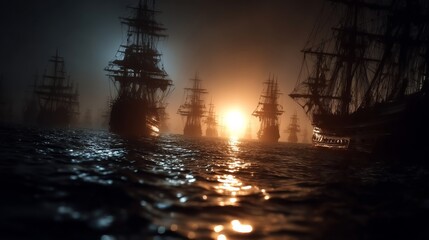 A dramatic depiction of a naval battle between pirates and empire ships at sunset Black and white