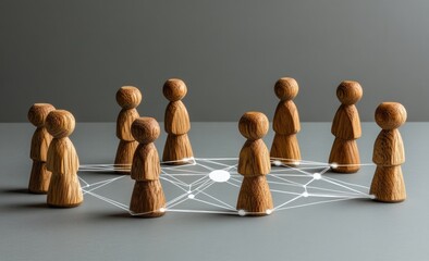 Small wooden figures arranged in a circle, connected by lines, representing a network or team
