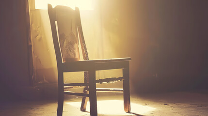 Empty wooden chair with vintage picture placed on seat in quiet room, conveying solitude, nostalgia and emotional memories of missing someone special.