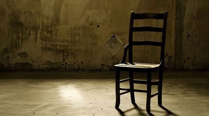 Empty wooden chair with vintage picture placed on seat in quiet room, conveying solitude, nostalgia and emotional memories of missing someone special.