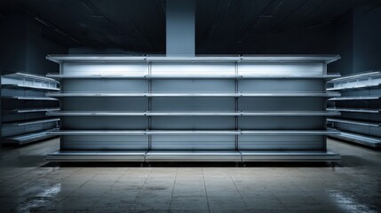 Empty supermarket shelves in a dimly lit store awaiting restocking Retail space ready for new products