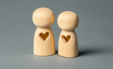 Two light brown wooden figurines, facing forward, each with a heart-shaped cutout on their chest.  Simple, intimate, and loving portrayal of a couple