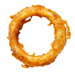 A single delicious golden-fried onion ring, a classic appetizer or side dish. Close-up, studio shot of a crunchy treat.