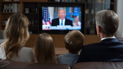 Family Watching News Broadcast on Television at Home Together Enjoying Evening News Program