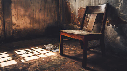 Empty wooden chair with vintage picture placed on seat in quiet room, conveying solitude, nostalgia and emotional memories of missing someone special.