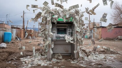 Fototapeta premium ATM Machine Overwhelmed by Falling Money in Poor Neighborhood A Scene of Financial Contradiction