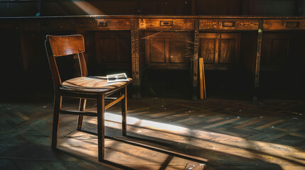 Empty wooden chair with vintage picture placed on seat in quiet room, conveying solitude, nostalgia and emotional memories of missing someone special.