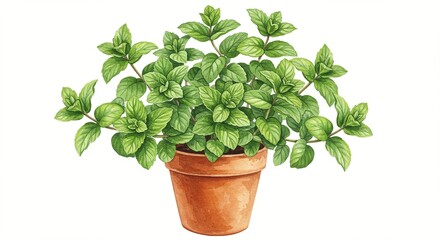 Obraz premium A vibrant watercolor illustration showcases a lush green plant, brimming with fresh leaves, nestled in a rustic terracotta pot.