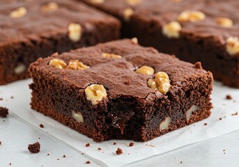 A square chocolate brownie with walnuts on a white surface with other brownies in the background