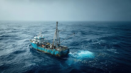 Fototapeta premium A large blue fishing trawler navigates the vast open ocean collecting marine debris Ocean cleanup vessel in action