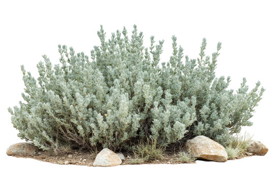 Lush silver sagebrush plant isolated on black background showcasing detailed texture and on transparent background