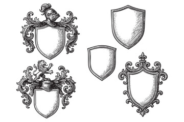 heraldic crest badge frame set woodcut engraving vector illustration