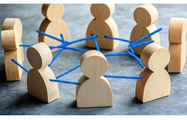 Wooden figures connected by blue strings, forming a circle.  Diverse group.  Symbolic of collaboration and connection