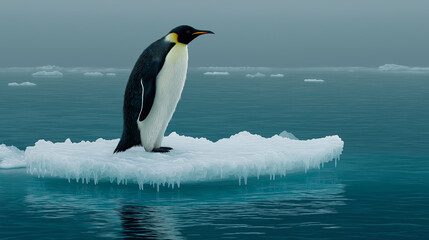 Obraz premium Lone Emperor Penguin on piece of ice floating in Antarctic Sea, copy space