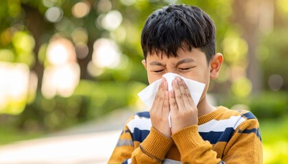 Child Sneezing in a White Handkerchief or Tissue - Symptoms of being Ill or Sick - Bacteria and Sinus Infection - Influenza, Flu, Covid, Common Cold, Germs, Hay Fever, Unwell, Runny Nose, Allergy