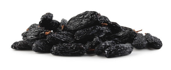 A pile of black raisins isolated on white background.
