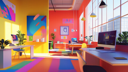Vibrant co-working office interior with colorful decor