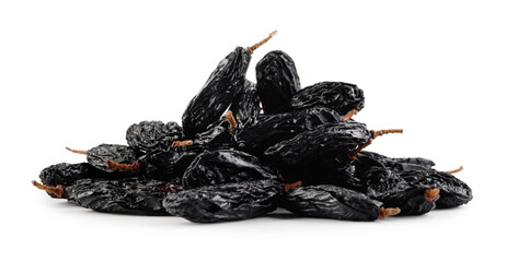 A pile of black raisins isolated on white background.