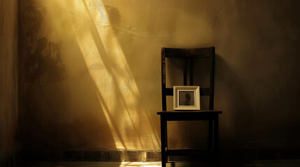 Empty wooden chair with vintage picture placed on seat in quiet room, conveying solitude, nostalgia and emotional memories of missing someone special.
