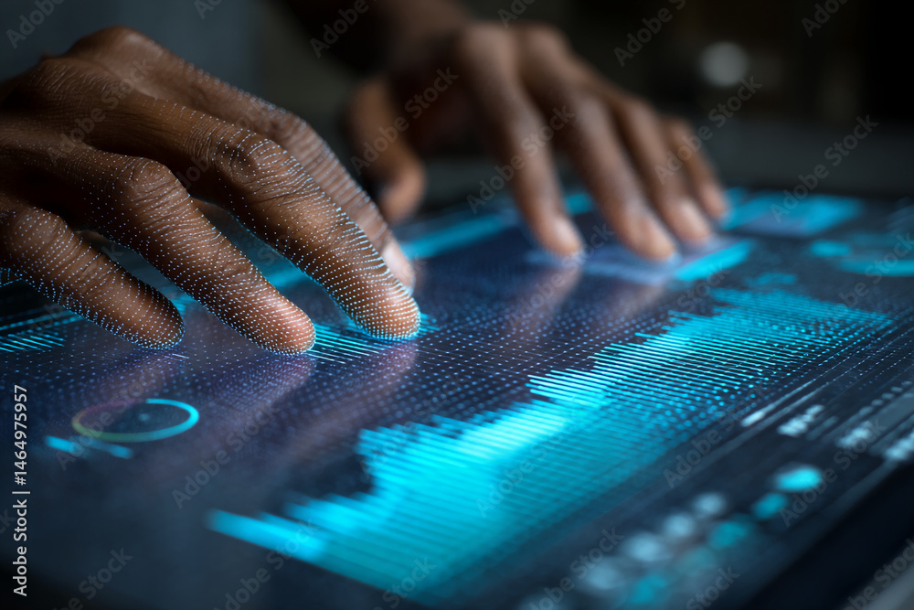 Poster close-up of dark brown fingers interacting with a digital tablet displaying cyan data visualization,