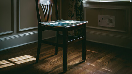 Empty wooden chair with vintage picture placed on seat in quiet room, conveying solitude, nostalgia and emotional memories of missing someone special.