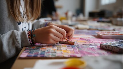Fototapeta premium Young Woman Artist Creating Colorful Abstract Artwork in Studio