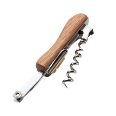Close-up of a stylish corkscrew, with a wooden handle and shiny metal parts. It&rsquo;s ready for a perfect pour