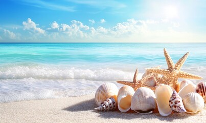 Vacation summer holiday travel tropical ocean sea panorama landscape. Close up of many seashells, sea shell on the sandy beach