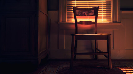 Empty wooden chair with vintage picture placed on seat in quiet room, conveying solitude, nostalgia and emotional memories of missing someone special.