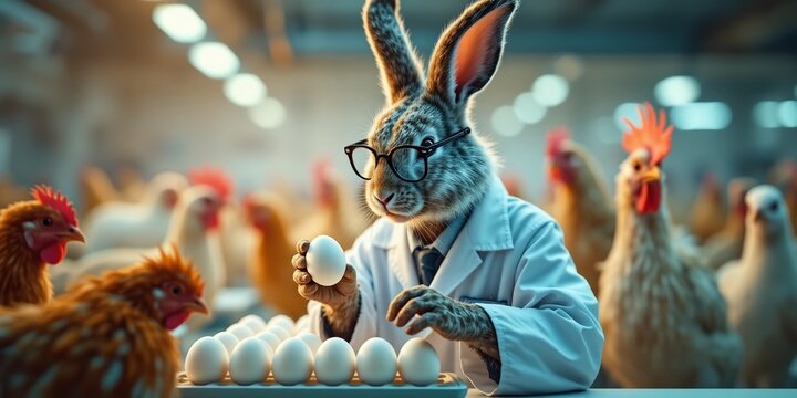 Rabbit Scientist Measures Eggs, Chickens Observe