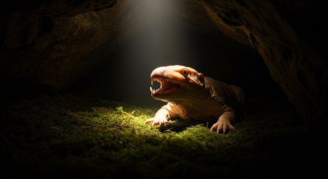 Aggressive Olm Salamander Growling in a Dark Cave on Moss