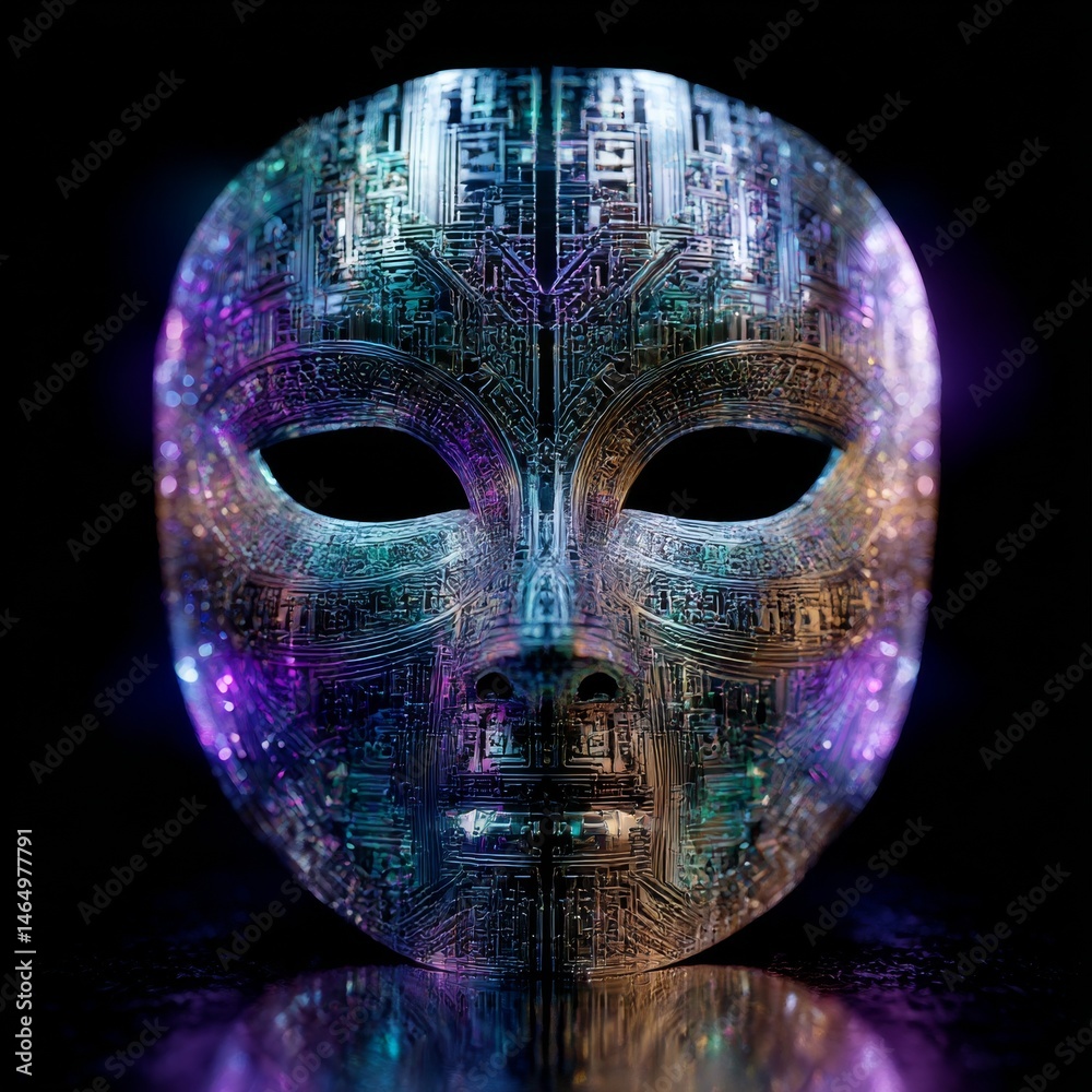 Aufkleber Cyberpunk Mask: A Futuristic Face with Intricate Circuitry and Neon Accents in a Dark, Reflective Setting 