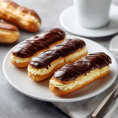 Delicious Gourmet Chocolate Eclairs on a White Plate with Coffee Mug and Silver Spoon, Perfect for Dessert Lovers and Food Photography Enthusiasts