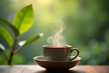 Fototapeta premium Steaming cup of coffee on a wooden table with soft natural greenery background