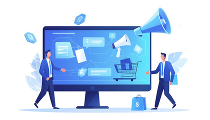Vector isolated illustration of two partners shaking hands through a computer screen, with a megaphone nearby to represent promotion. Clean, minimal flat style on white background.