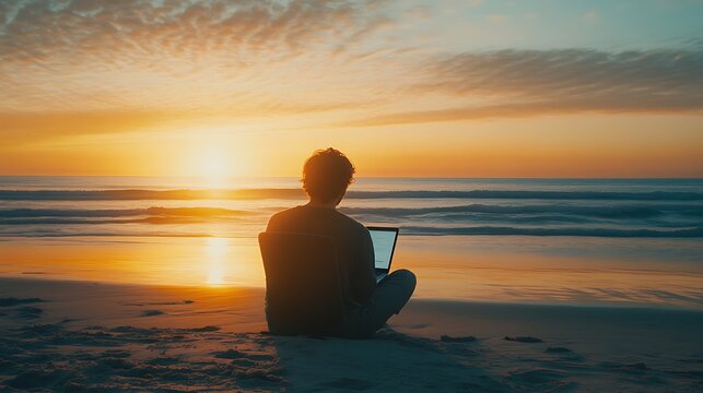 Serene Beach Work Remote Job on the Coast at Sunset, Seaside Workspace, Focus on Freelance Freedom and Peaceful Productivity